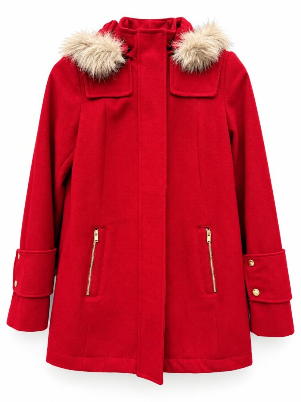 A New Day Red Wool Blend Coat XS Faux Fur Hood Gold Zip Fall/Winter Jacket XS